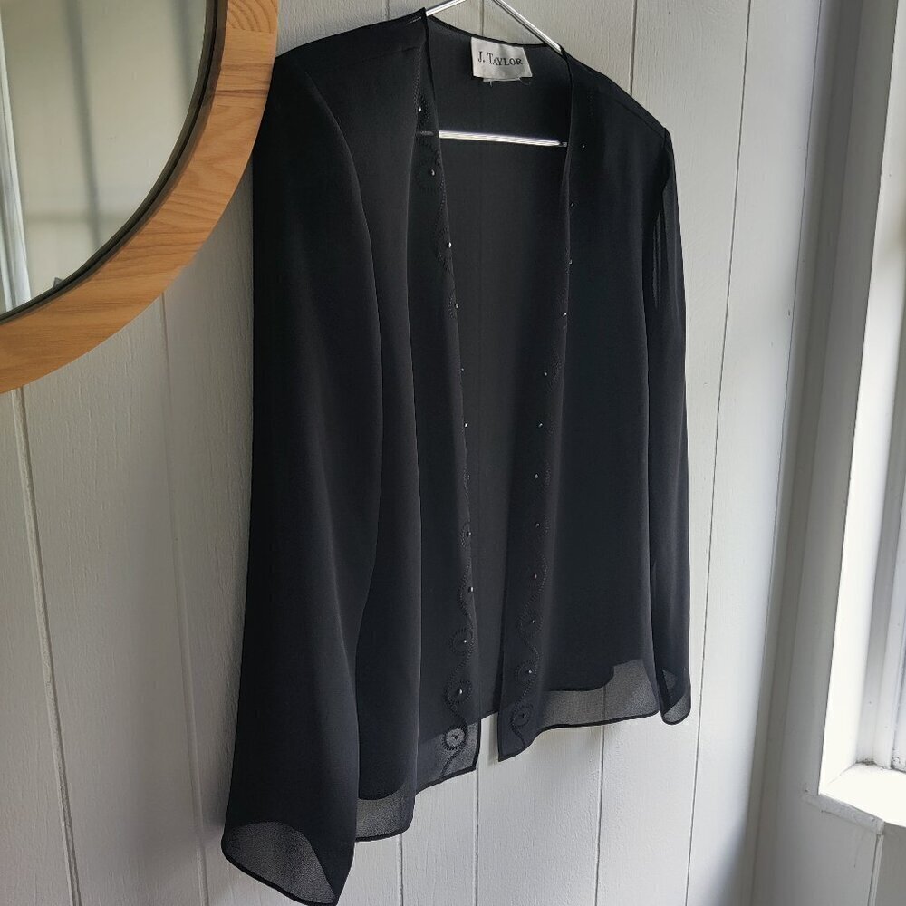 J Taylor sheer open jacket in black, crystal decorations on collar & lapel SZ L